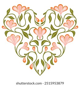 Corazón floral en estilo Art Nouveau. Día de San Valentín. Vector.