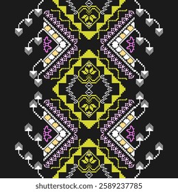 Floral and heart background is an abstract pixel art. Traditional Ukrainian cross-stitch. Bright yellow, black and white geometric graphics. Used for embroidery,printing industry.Vector illustration.