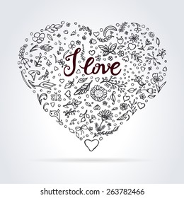 Floral heart. Beautiful vector hand drawn pattern. Romantic doodle for web pages, wedding invitations, save the date cards.