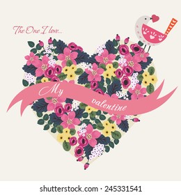 Floral heart with bird - st.Valentine's Day card