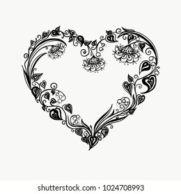 Floral heart. Bouquet composition with hand drawn flowers and plants. Monochrome vector romantic love illustration in sketch style. Valentine Day card