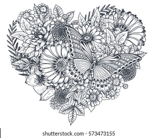 Floral heart. Bouquet composition with hand drawn flowers, plants and butterfly. Monochrome vector romantic love illustration in sketch style. Valentine Day card