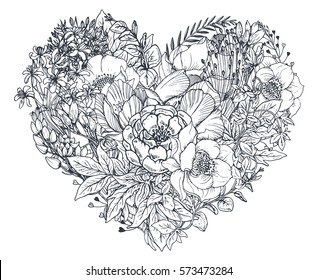 Floral heart. Bouquet composition with hand drawn flowers and plants. Monochrome vector romantic love illustration in sketch style. Valentine Day card