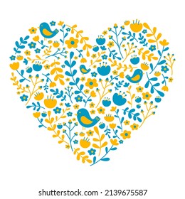 Floral heart card. Cute flowers arranged un a shape of the heart in colors of Ukraine flag