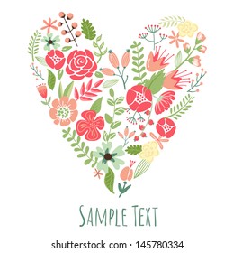 Floral Heart Card. Cute retro flowers arranged un a shape of the heart, perfect for wedding invitations ans birthday designs