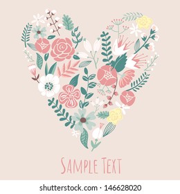 Floral Heart Card. Cute retro flowers arranged un a shape of the heart, perfect for wedding invitations ans birthday designs 