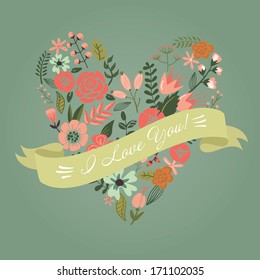 Floral Heart Card. Cute retro flowers arranged un a shape of the heart, perfect for wedding invitations ans birthday designs 