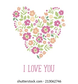 Floral Heart Card. Retro flowers arranged un a shape of the heart. Wedding invitations, birthday designs 