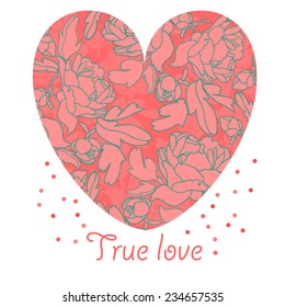 Floral Heart Card. Retro flowers arranged un a shape of the heart. Wedding invitations.