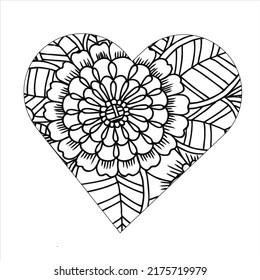  floral heart coloring page. Hand-drawn flowers and branches arranged in the shape of a heart.