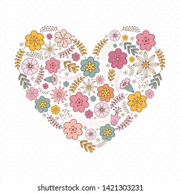 Floral heart in cute style. Flowers for romantic design, decorations, greeting cards, posters, wedding invitations, advertising.