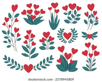 Floral heart decorative elements set. Collection of spring heart-shaped flowers for Valentine's Day and other holidays. Clip art on white background.