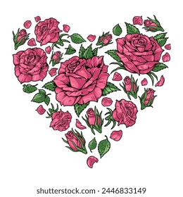 Corazón floral detallada etiqueta colorida con hermosas rosas de ramo de novia para la Ilustración vectorial de diseño de producto de boda