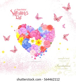 floral heart from different spring flowers with flying butterflies