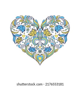 Floral heart in doodle style. Yellow and blue colors of the flag of Ukraine.