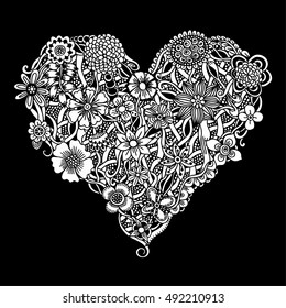 Floral heart. Doodle Heart. Vector illustration, Isolated on black