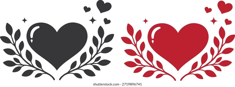 Vector con emblema de corazón floral con ramas de hoja y acentos de corazón Pequeño, disponible en versiones negras y rojas. Diseño de silueta plana limpia aislada sobre fondo blanco, perfecto para tarjetas de San Valentín, invitaciones de boda, logotipos de amor, carteles románticos, pegatinas, tatuajes y diseños imprimibles.