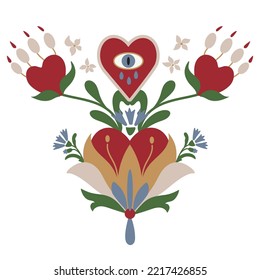 Floral heart with eye and tears illustration for t shirt, embroidery, stationery, poster or print material.