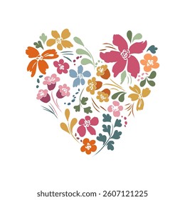 Floral heart with flowers in bloom and leaves. Fashionable hand drawing of botanical elements. Design for greeting cards, backgrounds, cover