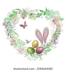 Floral heart frame with bunny ears , wildflowers, eggs and butterflies. Easter background. Vector illustration.