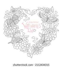 floral heart frame with flowers and butterflies for your coloring book
