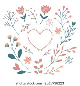floral heart frame with flowers and leaves