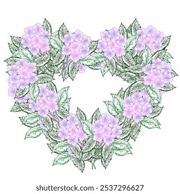 Floral heart frame, hydrangea spring flower for design of card or invitations