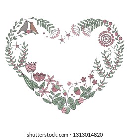 Floral heart frame with isolated flowers, herbs and leaves. Vector illustration.