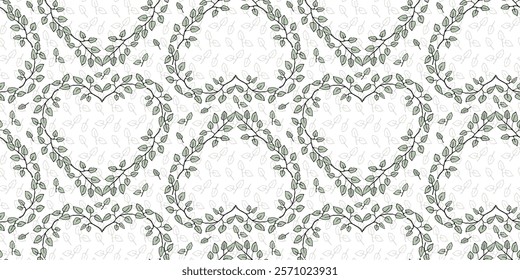 Floral heart frame with leaves seamless pattern for wrapping paper, textile design, scrapbook, wedding or Valentines day template.