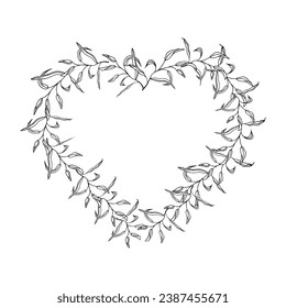 Floral heart frame, line art hand drawn leaves vector illustration for card or wedding invitation. Valentines Day decor, isolated on white background.