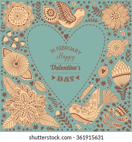 Floral heart frame made of flowers. Doodle Heart. Valentines day card, herbs and flowers doodles. Valentine's day template greeting card. Flowers in heart shape.