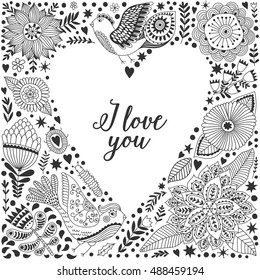Floral heart frame made of flowers. Doodle Heart. Valentines day card, herbs and flowers doodles. Valentine s day template greeting card. Flowers in heart shape.