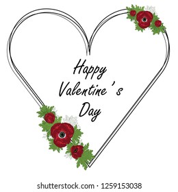 Floral Heart frame with red anemone and green leaves. Vector illustration. Valentine' s day card.