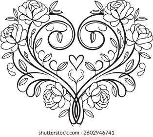 Floral Heart Frame, Rose Design, Black and White, Vector, Decorative, Romantic, Botanical