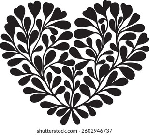 Floral Heart Frame, Swirl Design, Black and White, Vector, Decorative, Romantic, Botanical