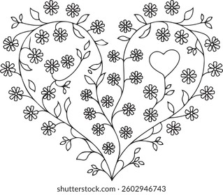 Floral Heart Frame, Swirl Design, Black and White, Vector, Decorative, Romantic, Botanical