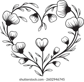 Floral Heart Frame, Swirl Design, Black and White, Vector, Decorative, Romantic, Botanical