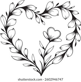 Floral Heart Frame, Swirl Design, Black and White, Vector, Decorative, Romantic, Botanical
