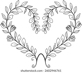 Floral Heart Frame, Swirl Design, Black and White, Vector, Decorative, Romantic, Botanical