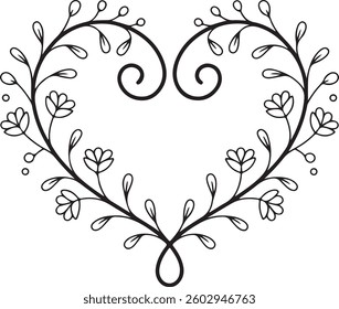 Floral Heart Frame, Swirl Design, Black and White, Vector, Decorative, Romantic, Botanical