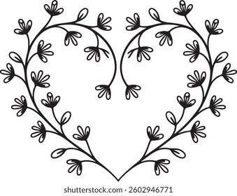 Floral Heart Frame, Swirl Design, Black and White, Vector, Decorative, Romantic, Botanical