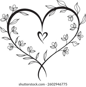 Floral Heart Frame, Swirl Design, Black and White, Vector, Decorative, Romantic, Botanical