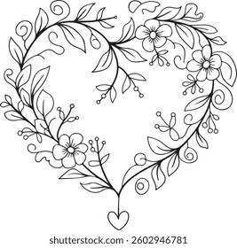 Floral Heart Frame, Swirl Design, Black and White, Vector, Decorative, Romantic, Botanical