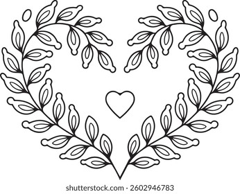 Floral Heart Frame, Swirl Design, Black and White, Vector, Decorative, Romantic, Botanical