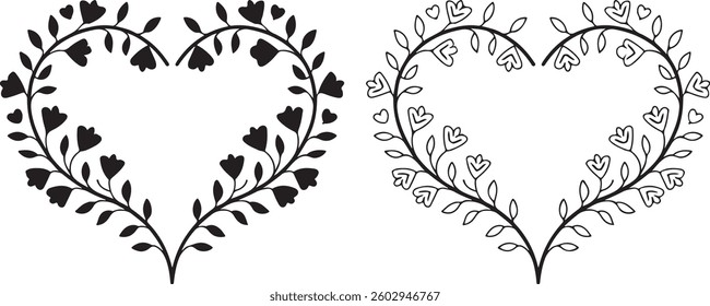 Floral Heart Frame, Vector, Black and White, Romantic, Botanical Design
