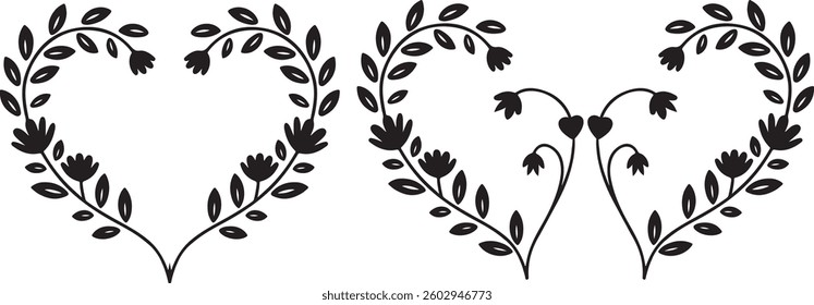 Floral Heart Frame, Vector, Black and White, Romantic, Botanical Design