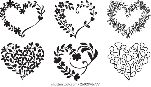 Floral Heart Frame, Vector, Black and White, Romantic, Botanical Design