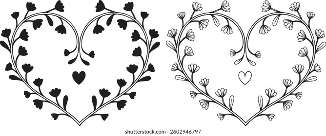 Floral Heart Frame, Vector, Black and White, Romantic, Botanical Design