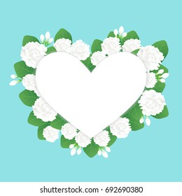 Floral heart frame vector illustration. Jasmine flowers and heart shape with copy space, Jasmine is known as the symbol of Mother's Day in Thailand.