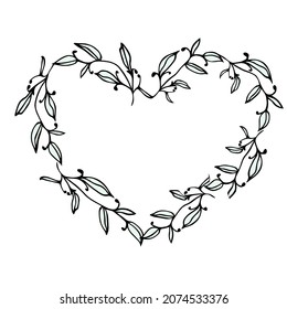 Floral heart frame for wedding or Valentines day card Hand drawn rustic heart wreaths. Floral vector graphic